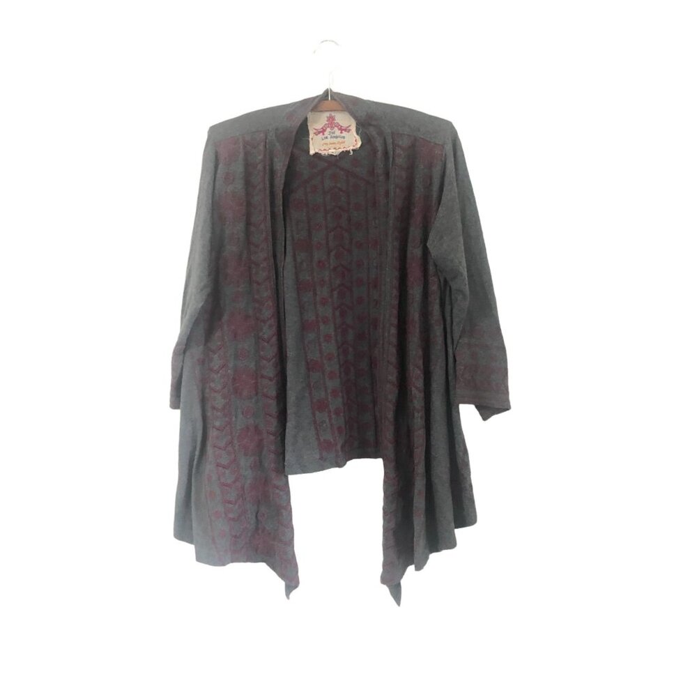 Johnny Was Gray Burgundy Embroidered Waterfall Open Cardigan Sweater XSmall
